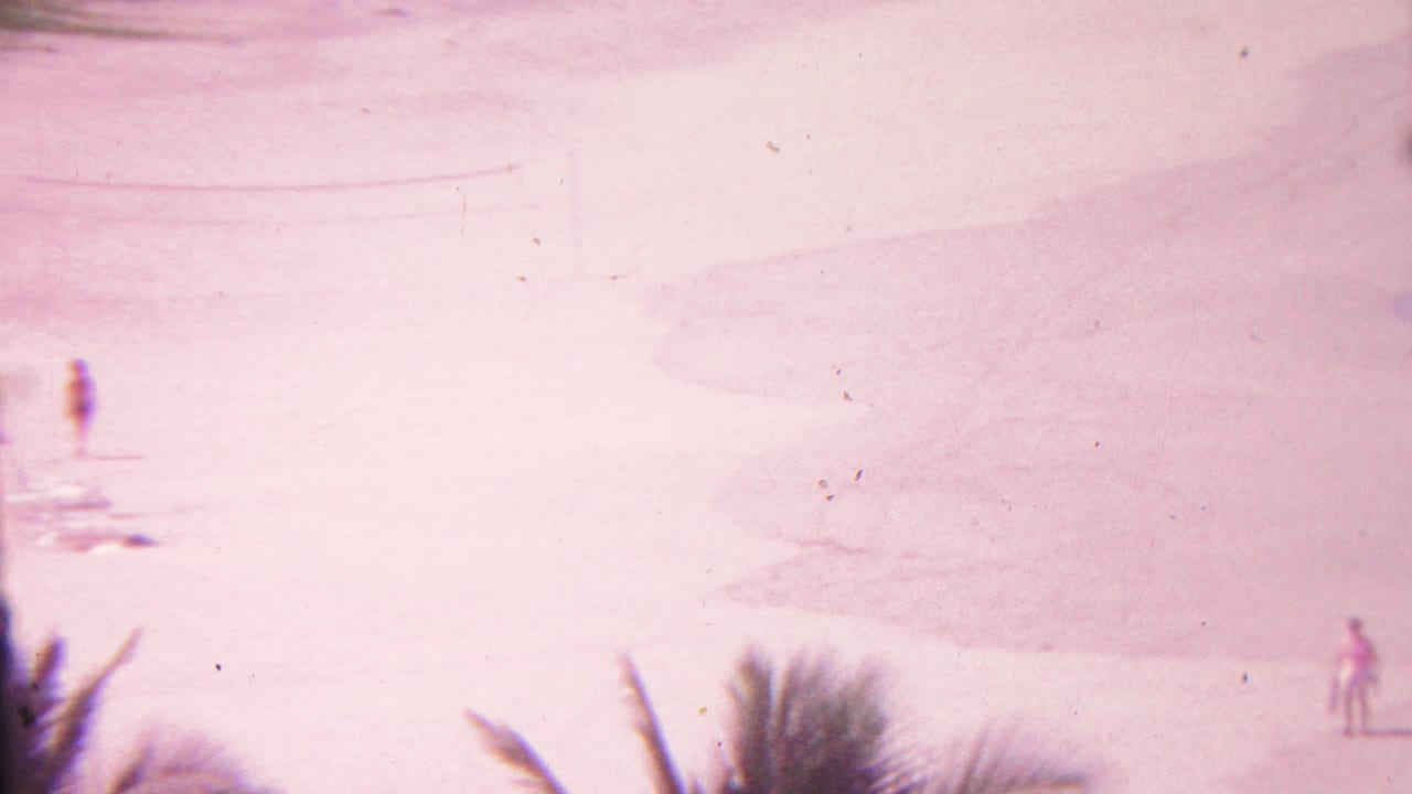 1962 Hawaii 8mm frame with palm fronds in the foreground and a small distant beachgoer on a washed, pink-toned stretch of sand.