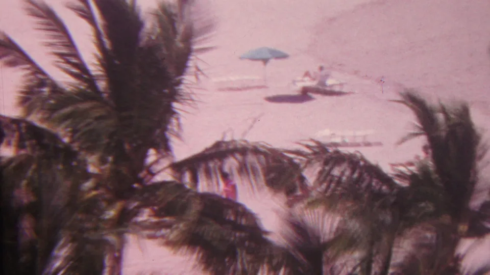 1962 Hawaii home-movie frame looking past palm fronds toward a quiet beach area with a blue umbrella, lounge chairs, and distant people near the water.