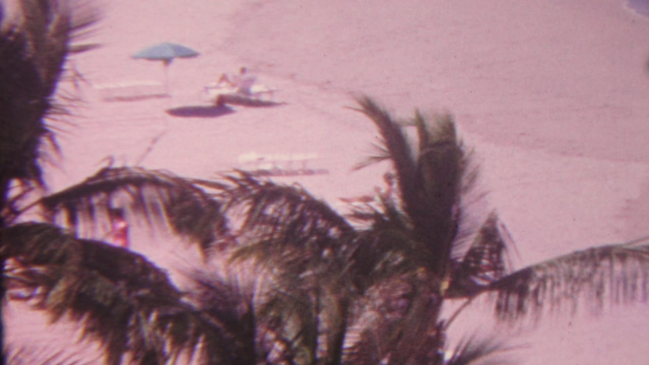 1962 Hawaii home-movie frame looking through palm leaves toward beach umbrellas, lounge chairs, and distant seated people on the sand.