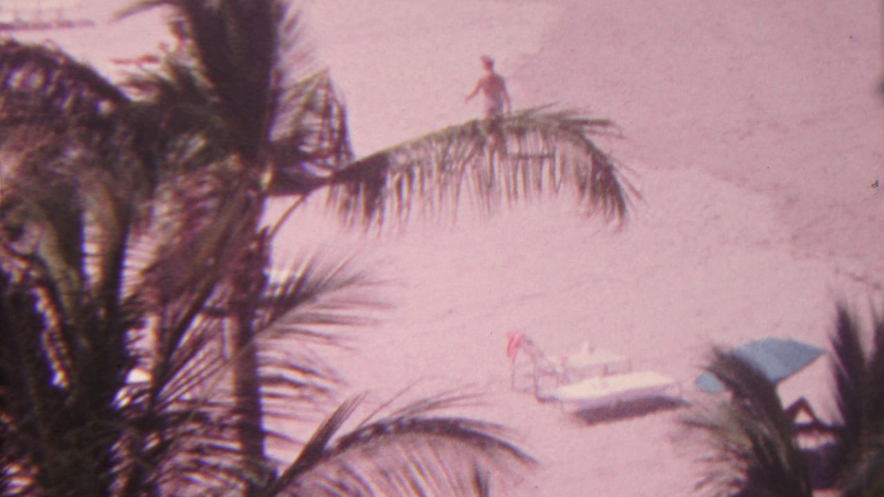 1962 Hawaii 8mm frame looking down through palm trees onto a pale sandy beach with lounge chairs, a blue umbrella, and a distant beachgoer near gentle surf.