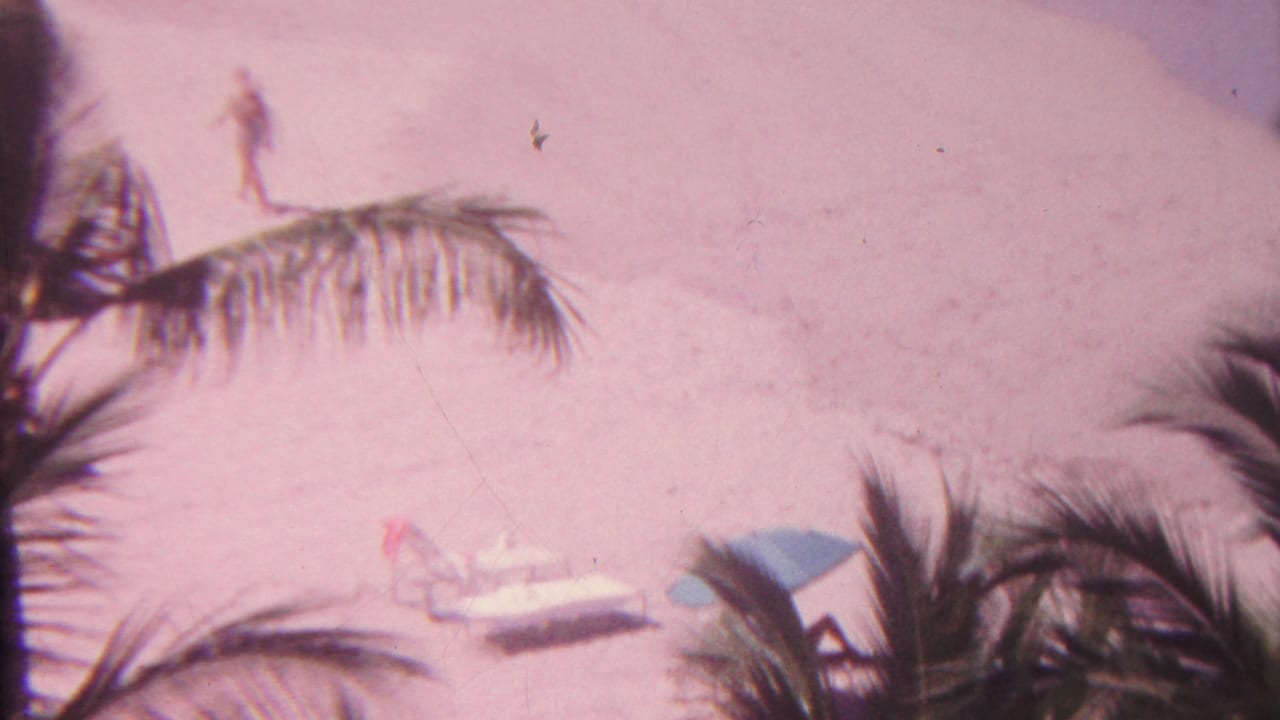 A beachgoer walks near the water while palm fronds, lounge chairs, and a blue umbrella sit in the foreground.