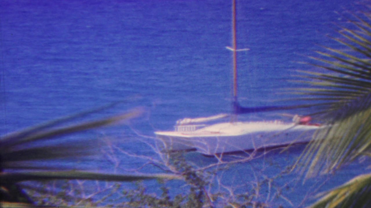 A white sailboat sits on deep blue water in Hawaii, partly framed by palm fronds in soft 1962 8mm color.