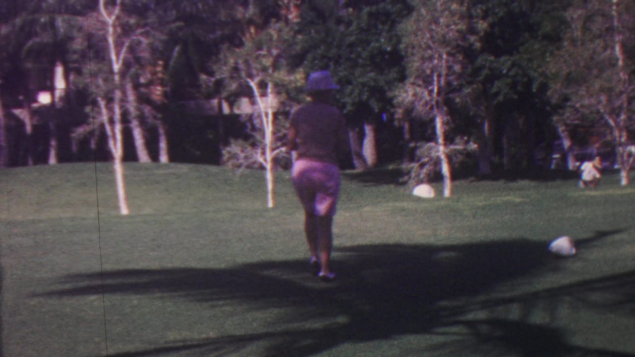 Golfer walking away across a green fairway with trees in the background.