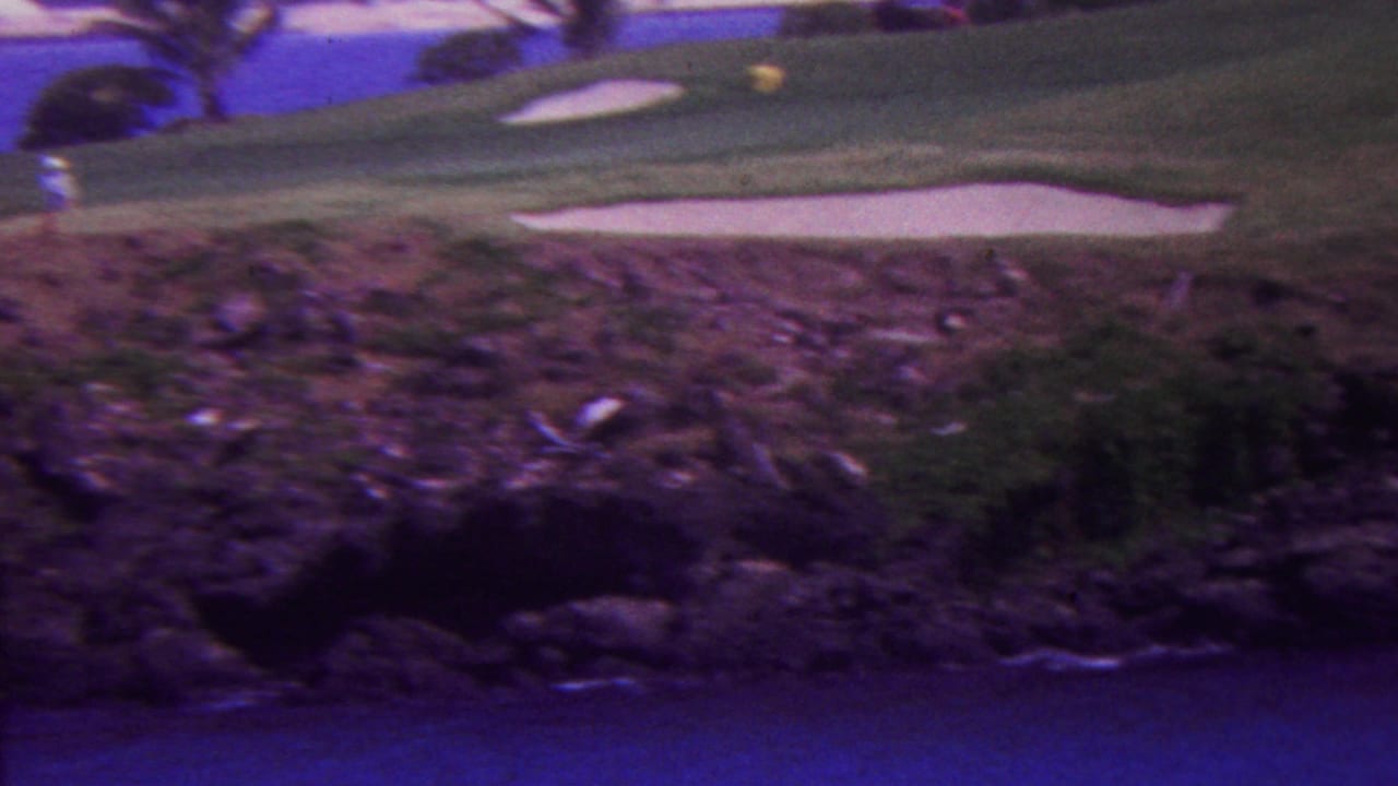 Closer view of sand bunkers and green with a distant golfer at left, palms, rocks, and water below.