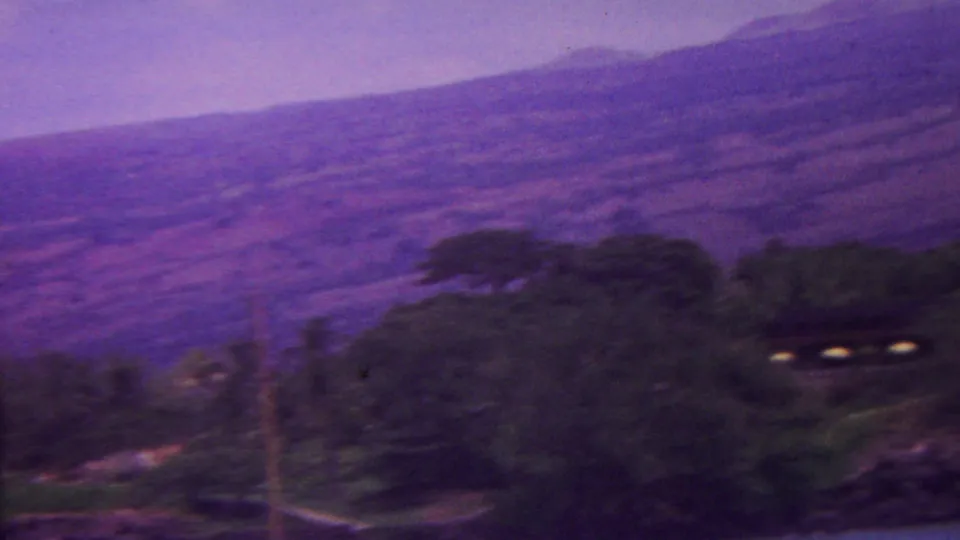 1962 Hawaii 8mm frame during the pan, showing blurred trees, a dark roofed structure, and purple-toned hills rising in the background.