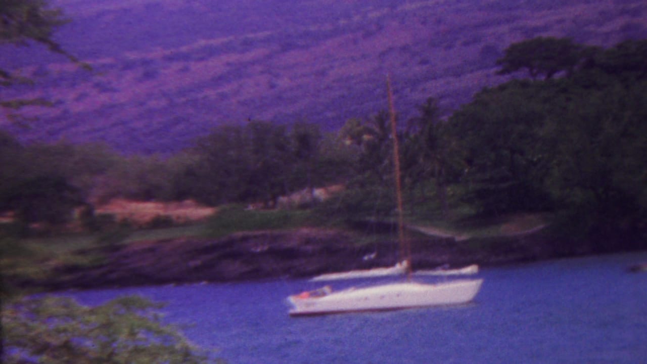 White sailboat beside a rocky shoreline with trees and distant mountains.