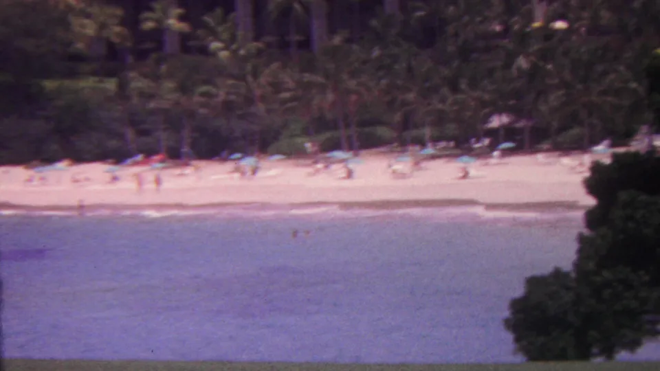 Distant 1962 Hawaii beach view with people along the sand and shoreline, palm trees behind them, and blue water in the foreground.