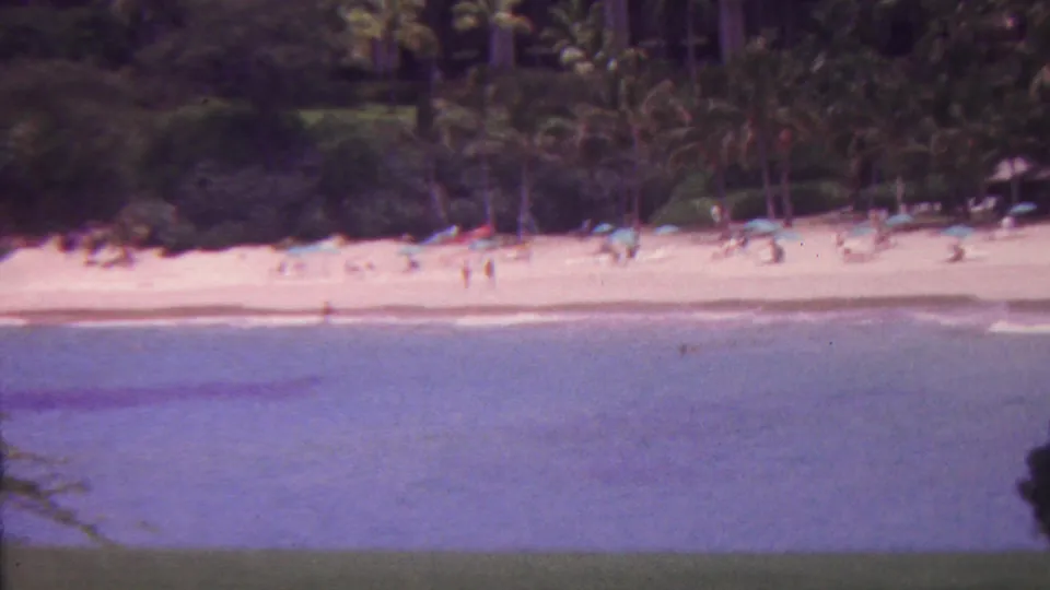 A distant Hawaii beach scene shows scattered people near the surf, umbrellas on the sand, and palms and greenery behind the shoreline.