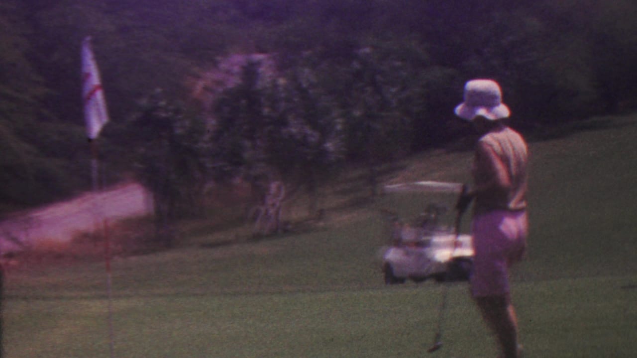 In metadata-supported 1962 Hawaii, a woman in a light sun hat and pink shorts stands on a green golf course near a flagstick as a white golf cart sits farther back.