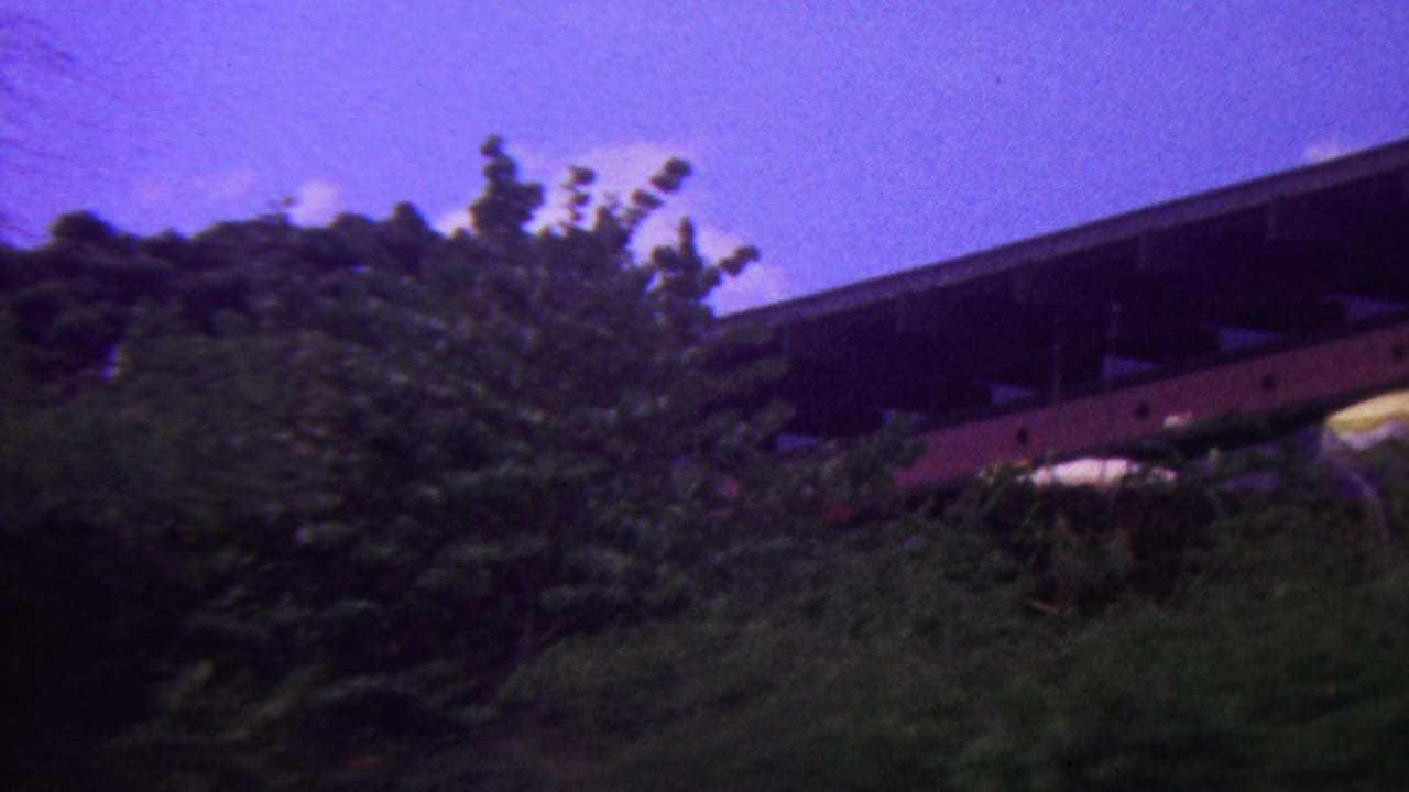 1962 Hawaii home-movie frame with tropical greenery in the foreground and a dark elevated structure with a red horizontal element partly visible behind it.