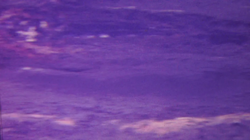 1962 Hawaii home-movie frame with a purple-blue cast, showing ripples, reflected streaks, and indistinct wet ground or water texture.