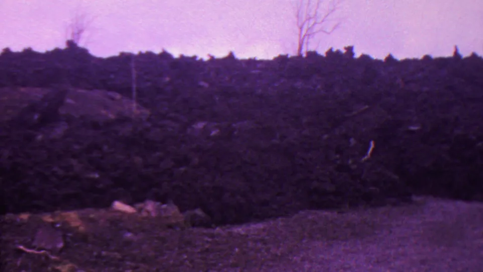 1962 Hawaii home-movie frame of a dark natural hillside, scattered rocks, bare limbs, and open foreground terrain with pronounced color fading.