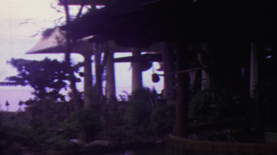1962 Hawaii 8mm frame showing a shaded garden structure with posts, foliage, and a pale storm-lit background that may include water or horizon light.