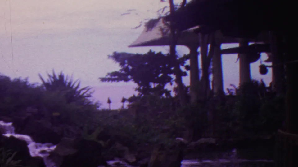 1962 Hawaii home-movie frame with a rocky brook or runoff channel, tropical shrubs, and a dark wooden roof edge against a pale storm sky.