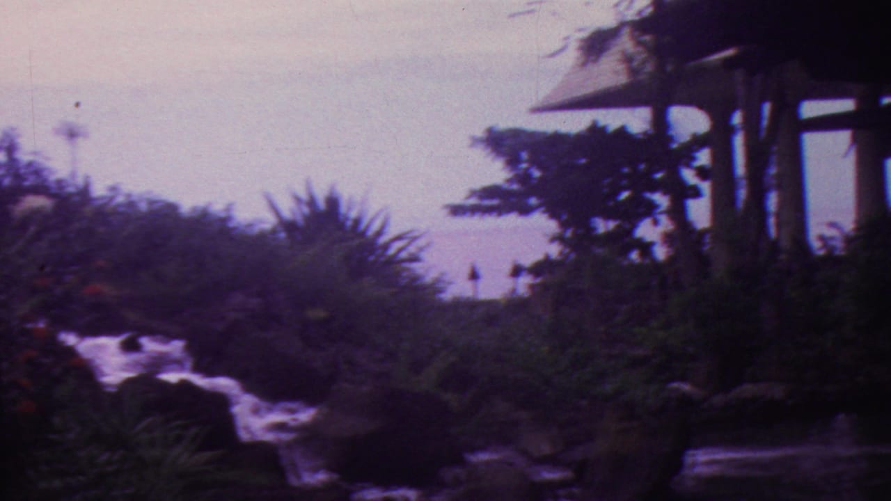 1962 Hawaii 8mm frame showing a landscaped tropical garden with rushing water over dark rocks, dense foliage, and a thatched-roof shelter beyond the stream.