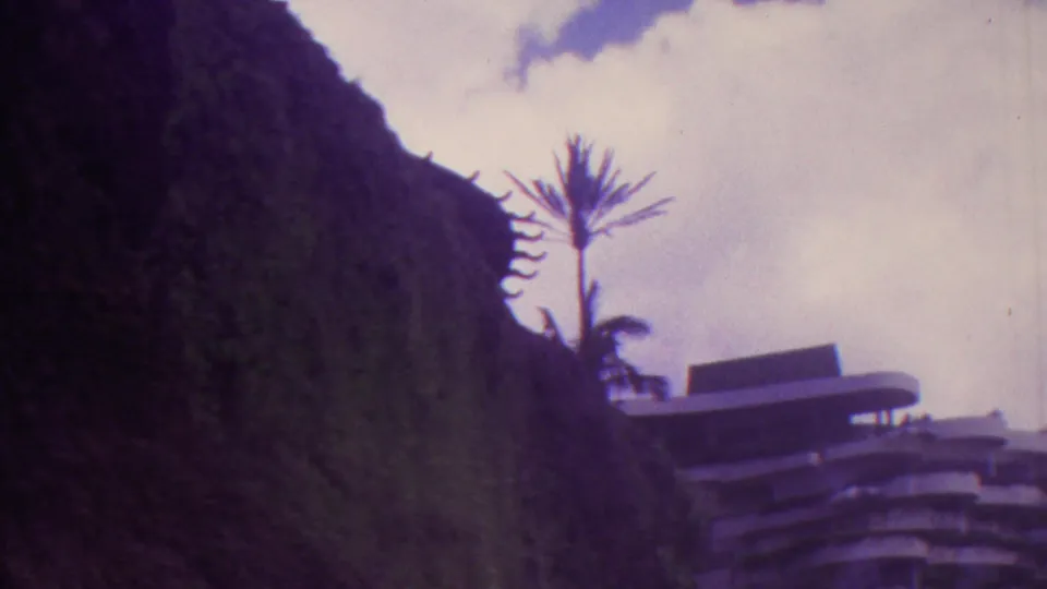 1962 Hawaii 8mm frame showing a landscaped rocky slope, palm-like plants, shaded structure, and a curving modernist building beyond the garden.