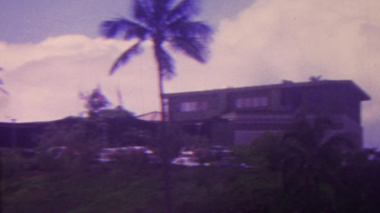 Two-story hillside house behind palms, cars, and tropical shrubs.