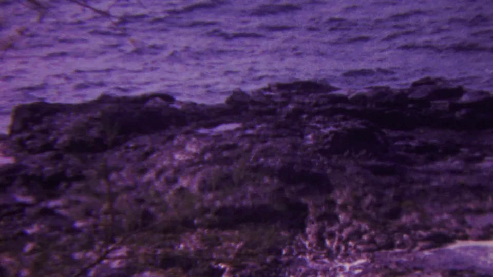 1962 Hawaii 8mm frame of a rugged rock shelf at the waterline with rippled ocean beyond and aged purple-magenta color shift.