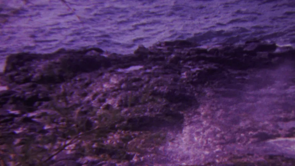 Home-movie frame from Hawaii in 1962 showing dark coastal rocks, shallow water, and foamy wash in soft, grainy 8mm color.