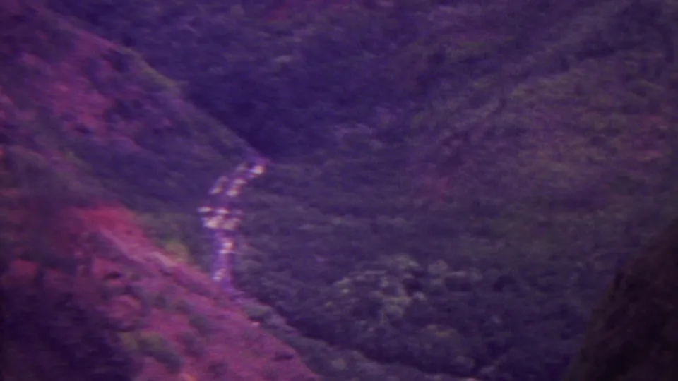A final 8mm frame from the Hawaii canyon view shows steep vegetated walls, a winding stream, and softened terrain detail under heavy purple color shift.