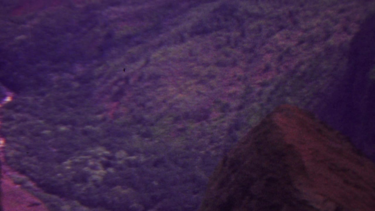 1962 Hawaii 8mm frame showing an aerial view over rugged, forested mountain terrain with reddish exposed slopes and strong purple color shift.