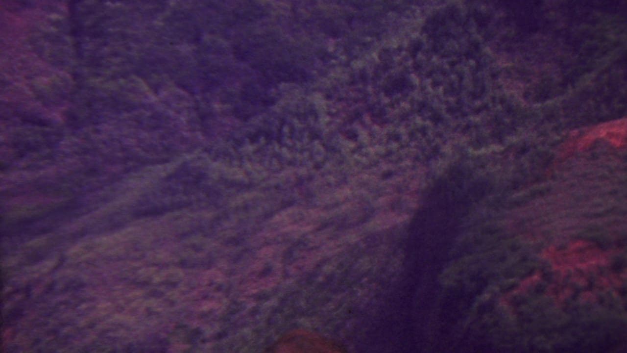 1962 Hawaii 8mm frame looking across a dark, forested valley and irregular mountain slopes under heavy magenta-purple film fading.