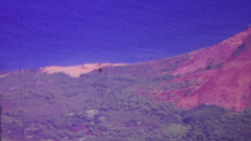 1962 8mm Hawaii footage showing green forest and shrubs below reddish mountain slopes, with bright sky and soft film texture.