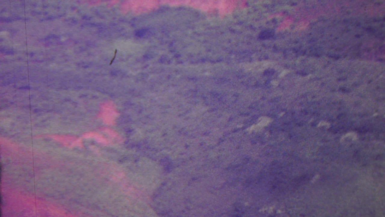 1962 Hawaii 8mm aerial view looking down over uneven mountainous terrain, scattered brush, rocky patches, and a strong aged purple-pink color cast.