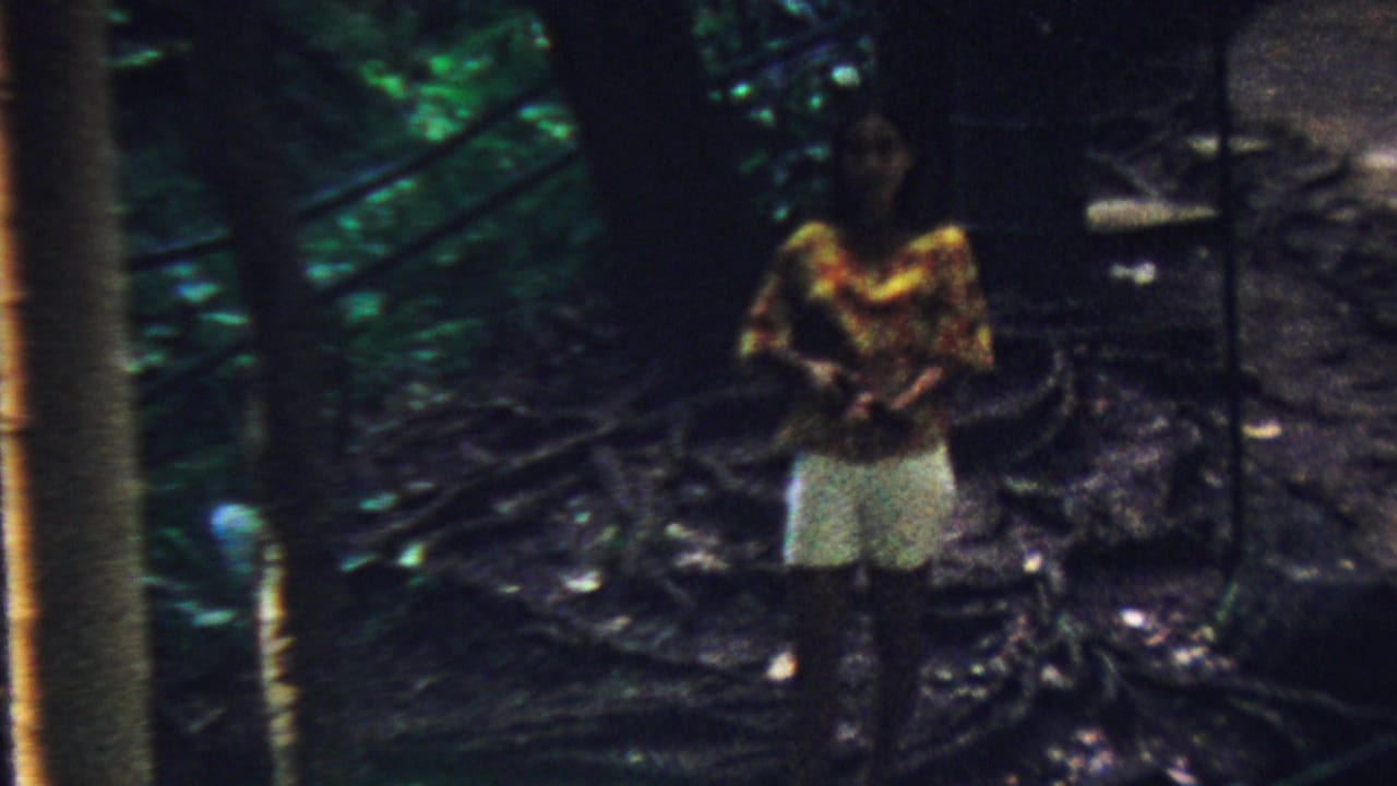In 1962 Hawaii home-movie footage, a woman in a bright patterned shirt and white shorts stands among trees and dense tropical planting on a shaded path.