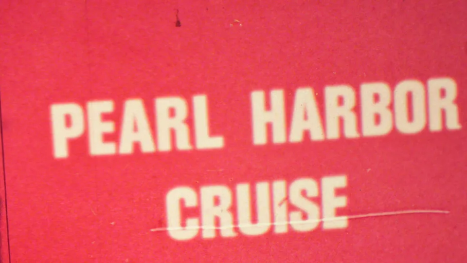 Close view of a red Pearl Harbor Cruise sign, rendered with soft focus, scratches, and strong aged-film color shift.
