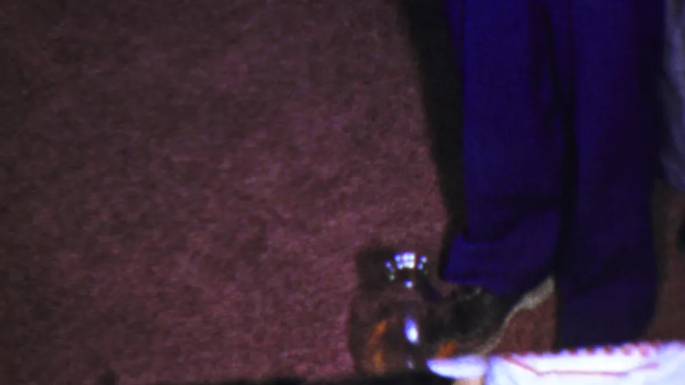 The final 1954 Columbus, Ohio frame keeps the close view on dark trouser legs, a shoe, and a reflective glass object on burgundy carpet, with pale fabric or paper along the lower edge.