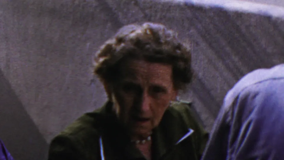 A close handheld frame shows the woman facing toward the camera area, with another adult in a light blue shirt partly obscuring the right side of the gathering.