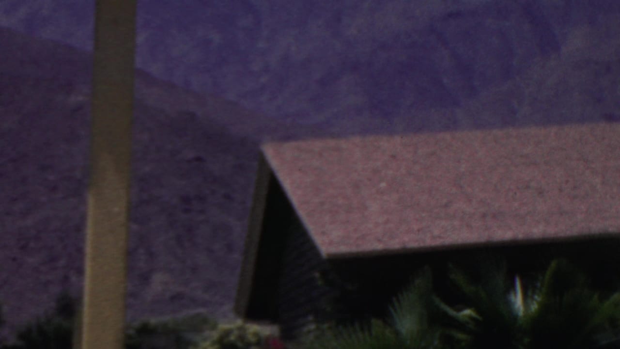 Roof edge, palm fronds, vertical post, and mountains in the background.