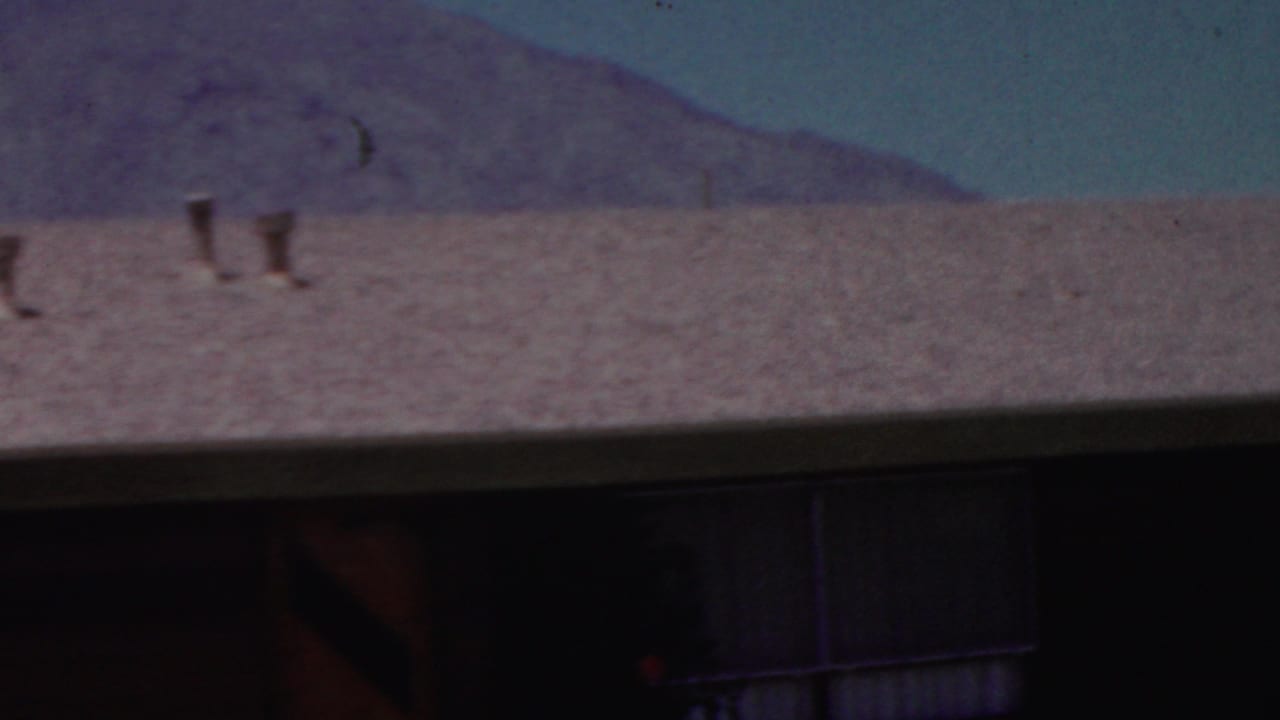 Textured roof and shaded house facade with hazy hills in the background.
