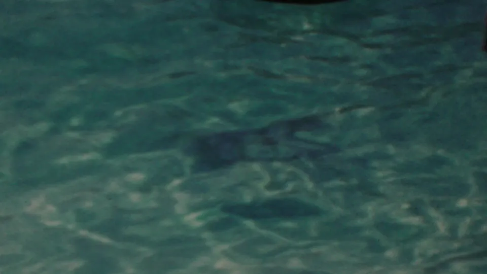 Soft 1949 Seaside, New Jersey home-movie frame showing rippling turquoise water with a faint swimmer shape partly below the surface.