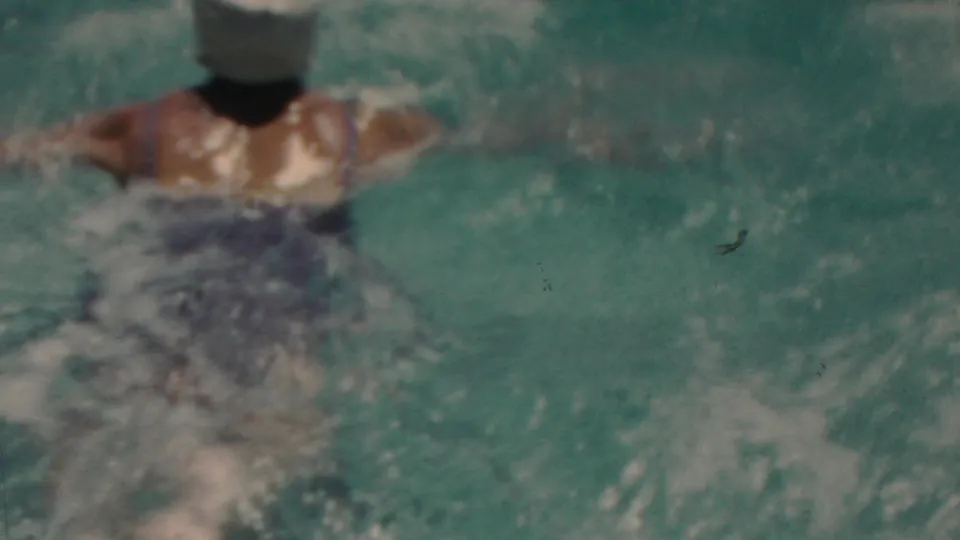 Rear view of the swimmer in a light cap and dark swimsuit pushing through turquoise water in a brief 1949 Seaside, New Jersey home-movie shot.
