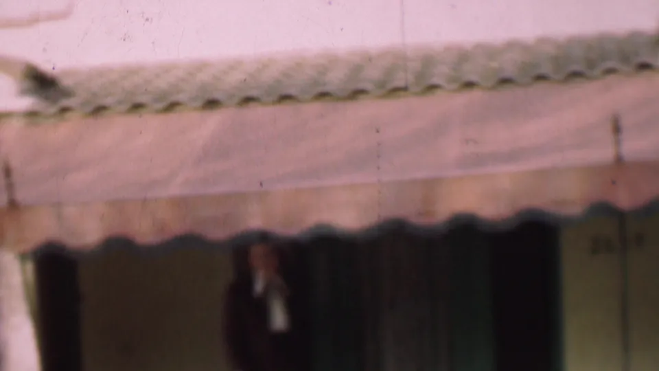 The woman remains under the awning outside the San Diego house, with a dark doorway, curtain area, and green-toned trim visible around her.