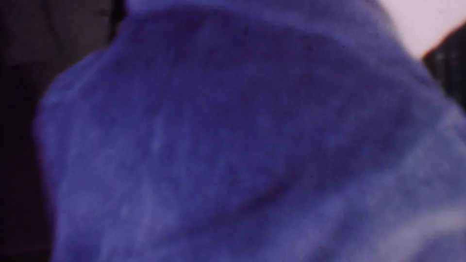 Back view in the 1956 Phoenix home movie, with the young child turned away while the blue bathrobe fills the lower frame.