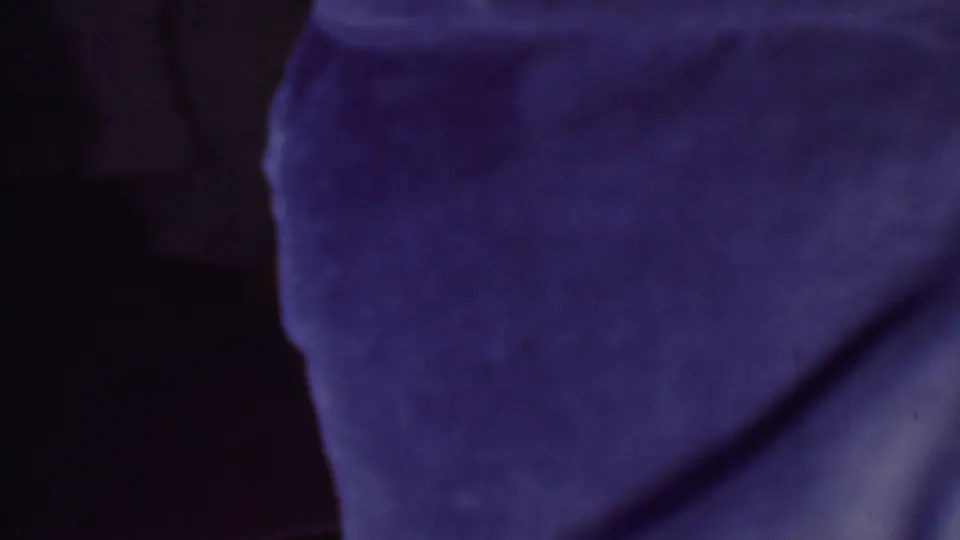 A tightly cropped 1956 Phoenix 8mm frame shows blue-purple textured fabric covering a woman's shoulder or head area, with her face mostly outside the frame.