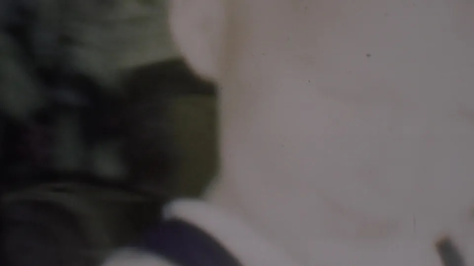 Soft, faded color 8mm frame from the supplied Phoenix home-movie clip with an indistinct pale foreground shape against dark green interior decoration or foliage.