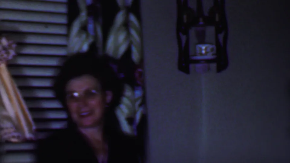 A smiling woman in glasses appears lower in frame near the edge of the lamp, with blinds, wall decoration, and shadowed interior details behind her.