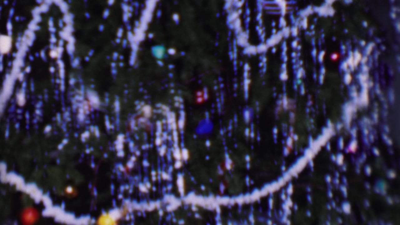 Decorated Christmas tree branches with hanging tinsel, white garland, and ornaments.