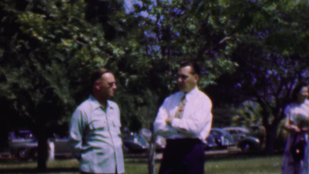 Two men continue talking outdoors as a woman stands in the background near trees and cars.