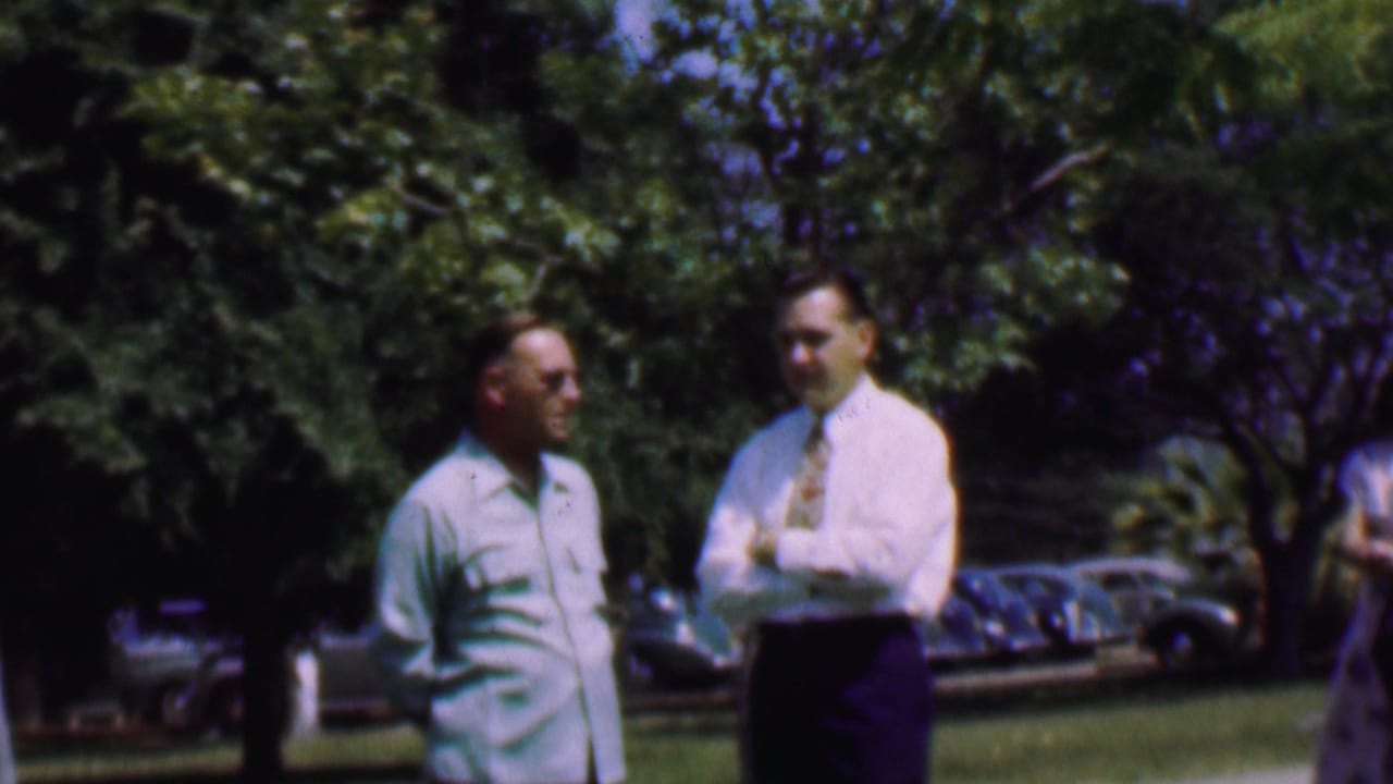 Two men continue standing in conversation on grass with cars and trees behind them.