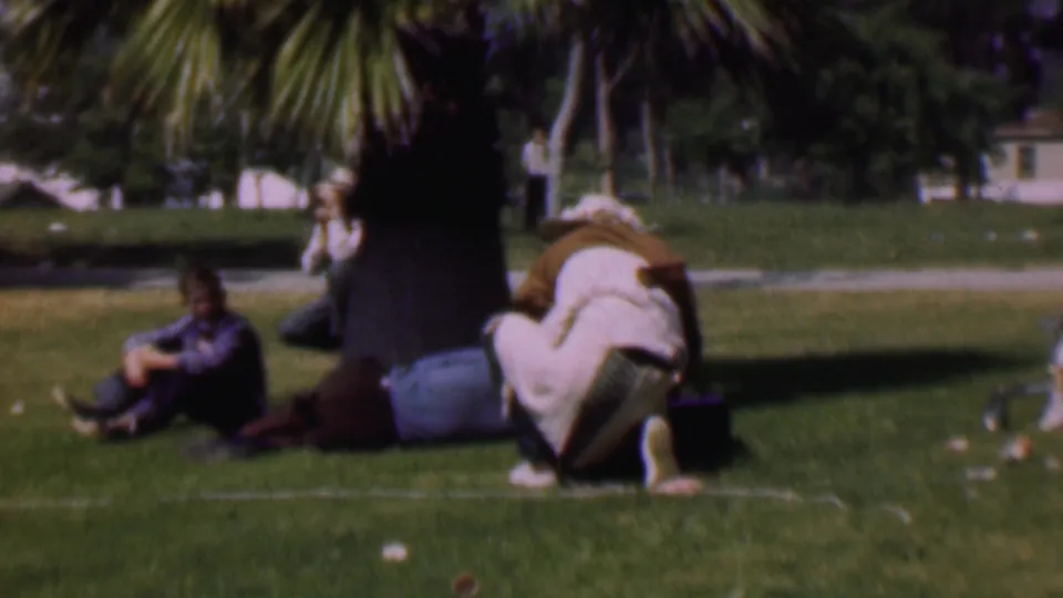 1956 Dallas 8mm frame showing adults on a park lawn beneath palm trees, with one person crouched near a suitcase or bundle while others sit nearby.