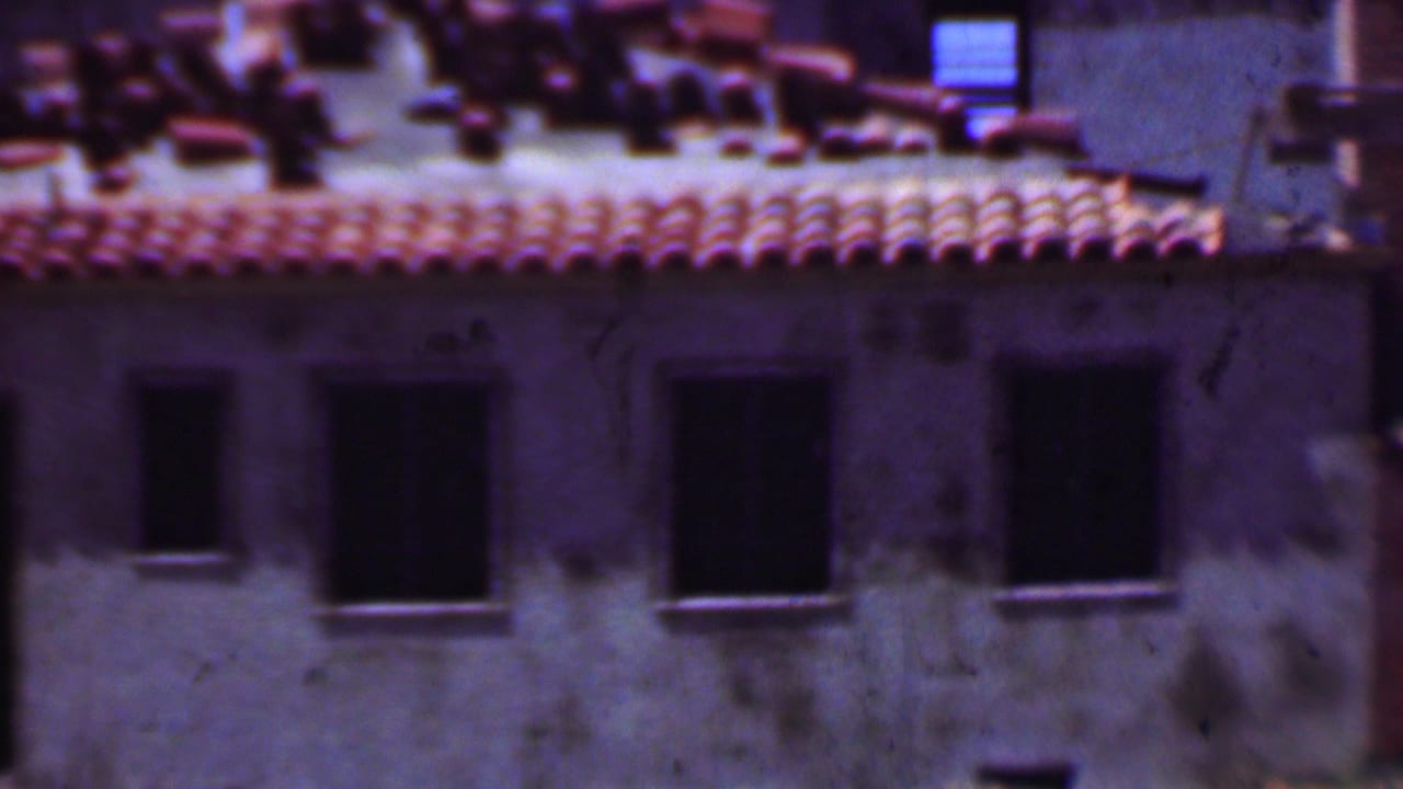 Building wall with several dark windows below a red tile roof.
