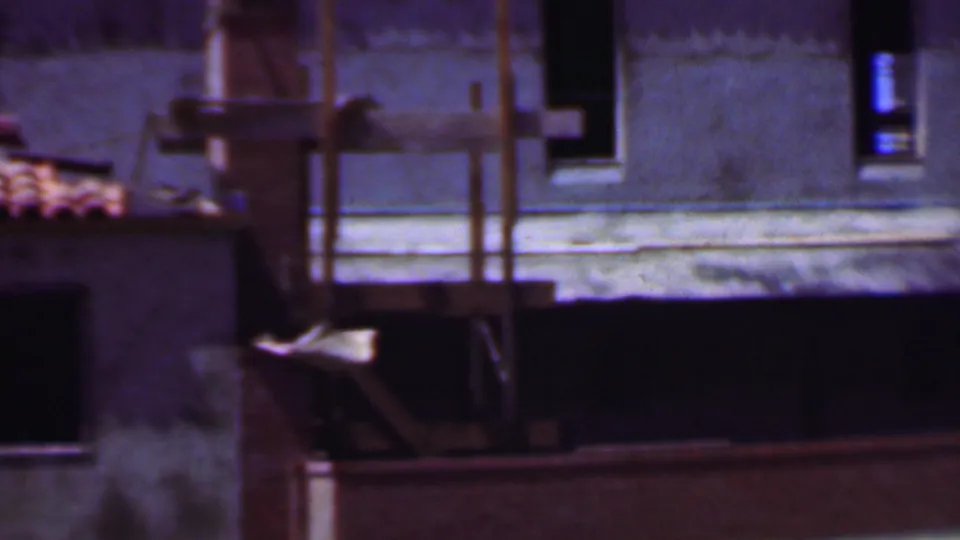 1956 Dallas home-movie frame with scaffolding, a metal framework, dark window openings, and the weathered exterior of an older building.