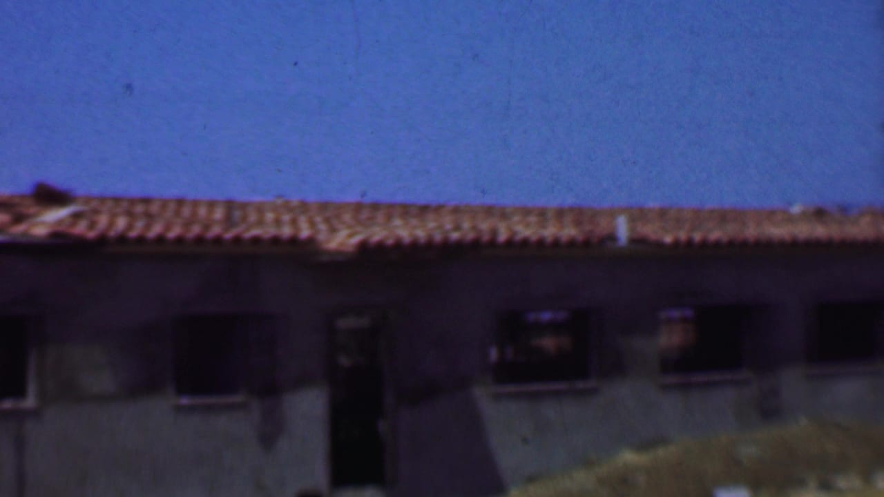 Long section of low building with tiled roof, dark openings, and bare ground in front.