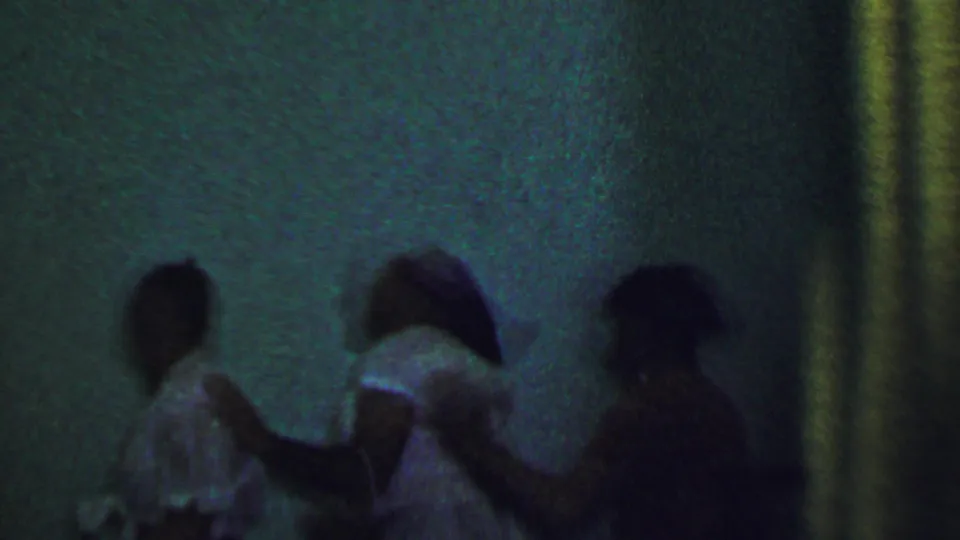 Several adults appear as soft silhouettes while dancing or gathering in the dimly lit 1956 Dallas party room.