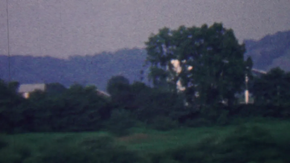 1961 Covington, Kentucky 8mm frame showing an open grassy area, trees, faint light-colored structures, and a distant ridgeline.
